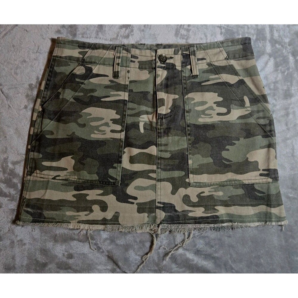 Sanctuary Mini Denim Skirt W26 Camo Print Raw Hem Y2k Grunge Distressed Utility